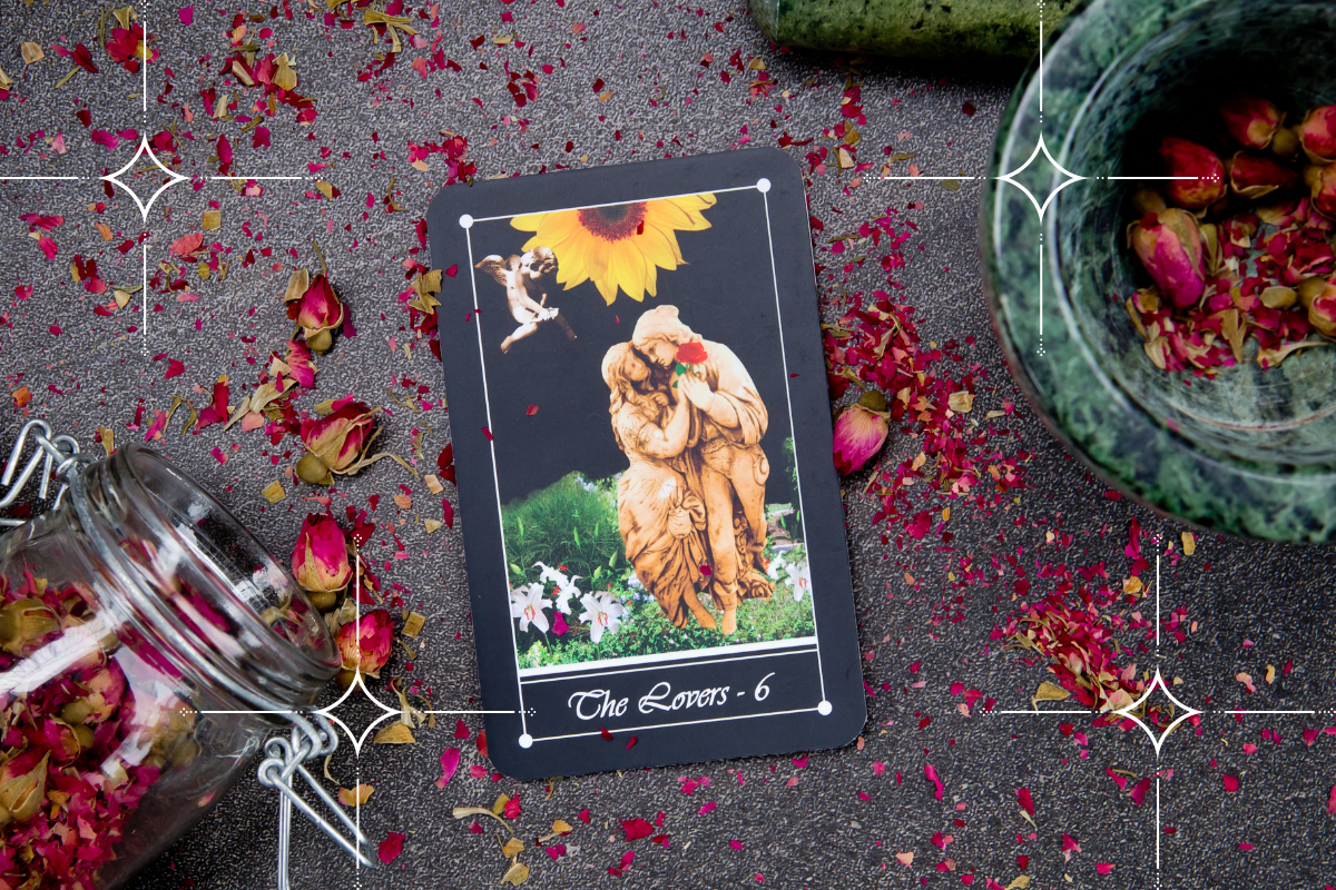 tarot card surrounded by dried rose petals