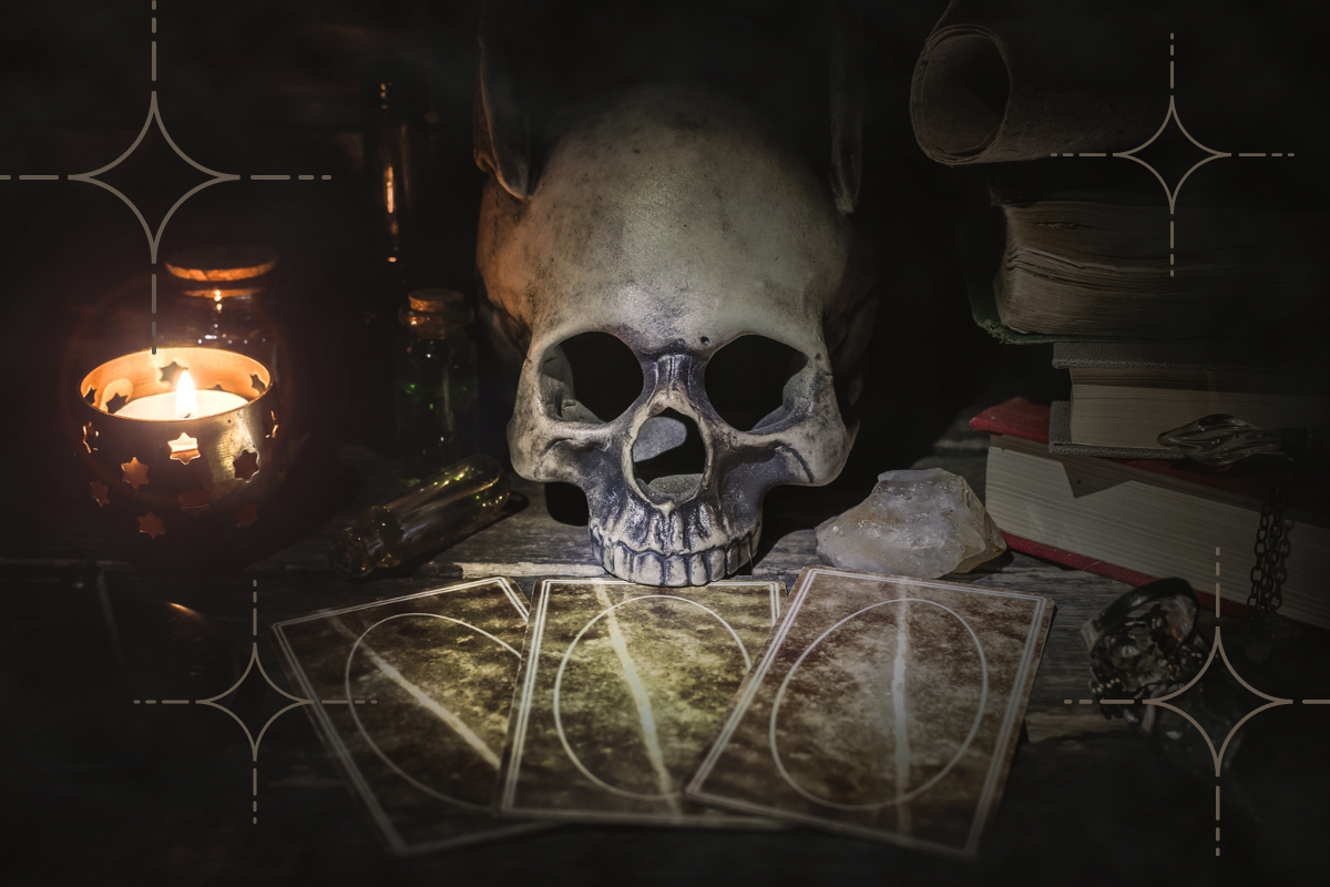 Spooky scene with tarot cards and a skull, tarot decks for halloween