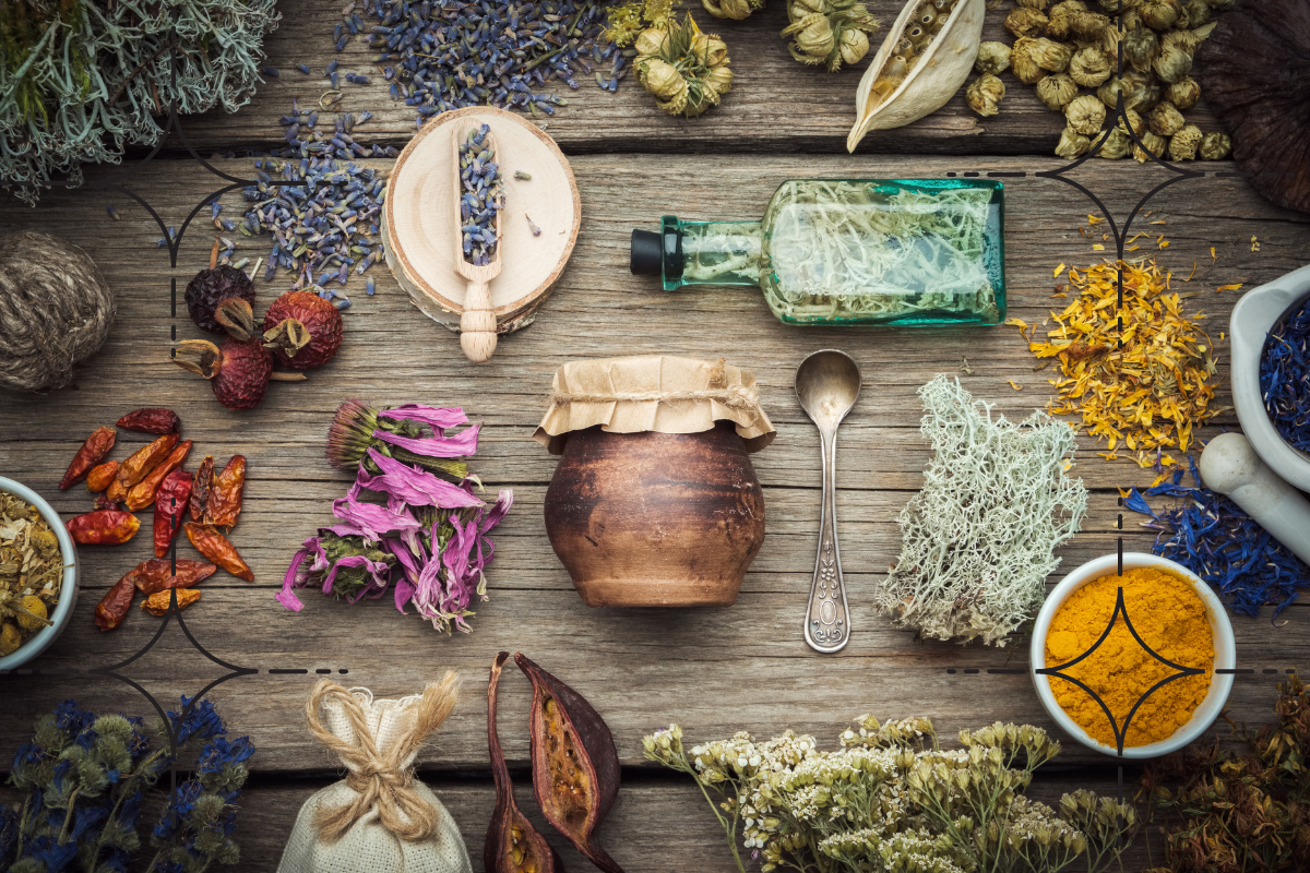 make herbal magic with dried lavender flowers, rosemary, sage, and glass jars